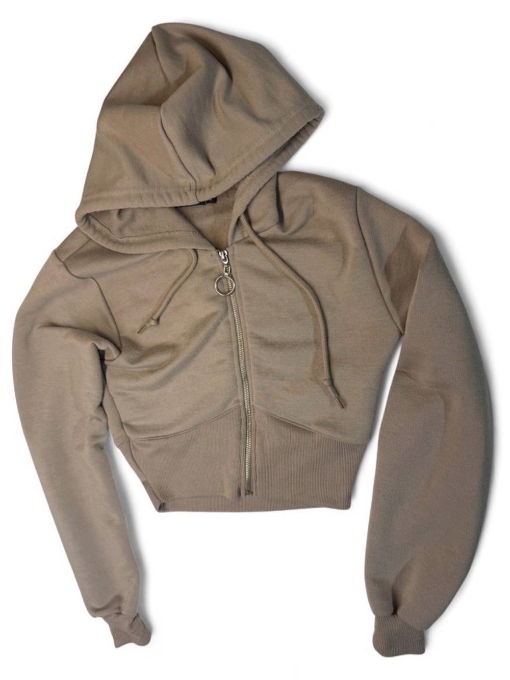 PrettyLittleThing Cropped Zip Hoodie in Taupe